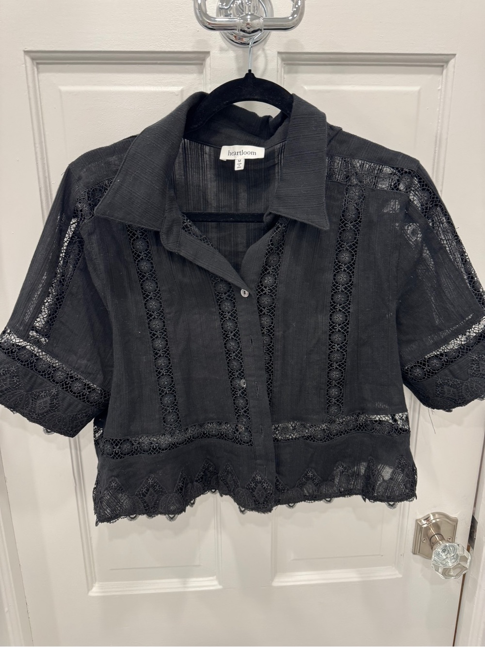 Heartloom Black Lace-Panel Button Front Crop Shirt